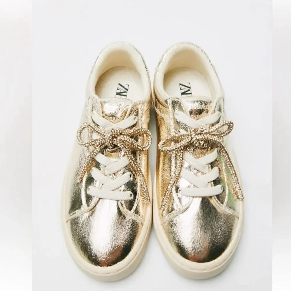 Zara Metallic Gold tone Lace up Sneakers(Size 4)